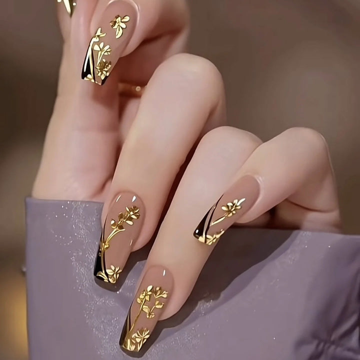 Elegant Press-On Nail Art Set with Glittering Metallic Accents