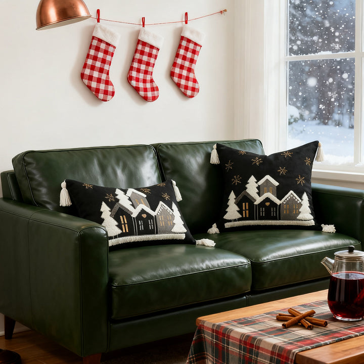 Festive Embroidered Snowy Village Tassel Throw Pillow Set