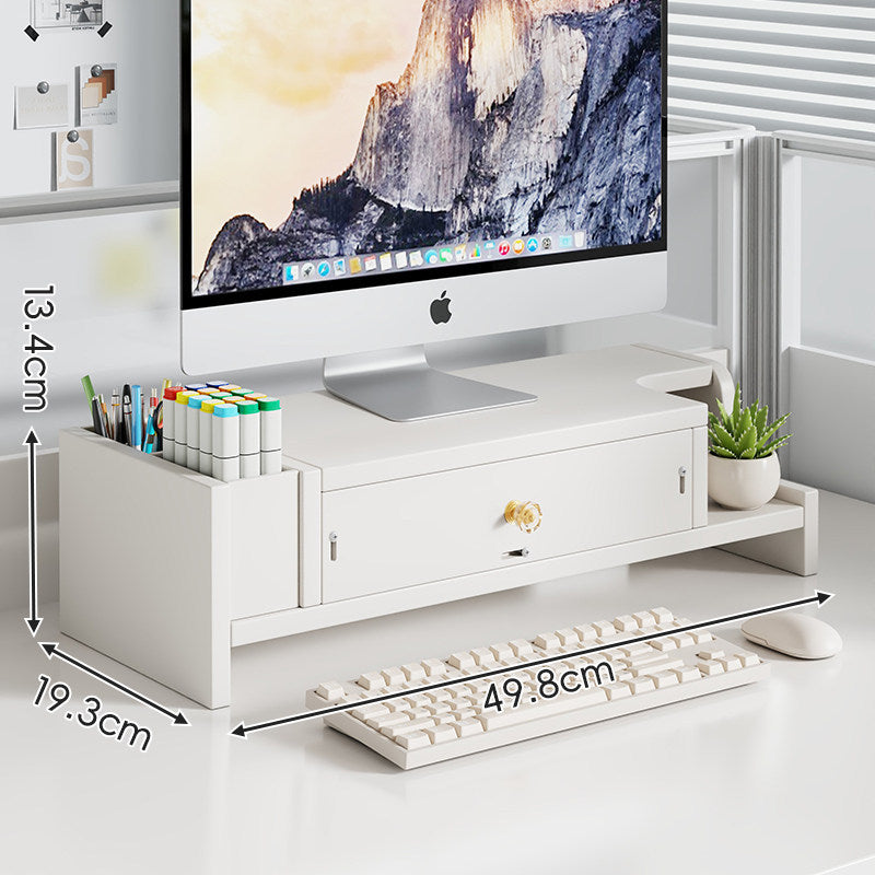 Elevated Bamboo Desktop Stand with Lockable Drawer and Integrated Cup & Stationery Caddy