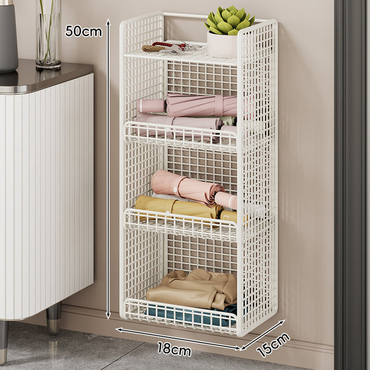Wall-Mounted Mesh Entryway Organizer with Three-Tier Shelves and Side Umbrella Rack