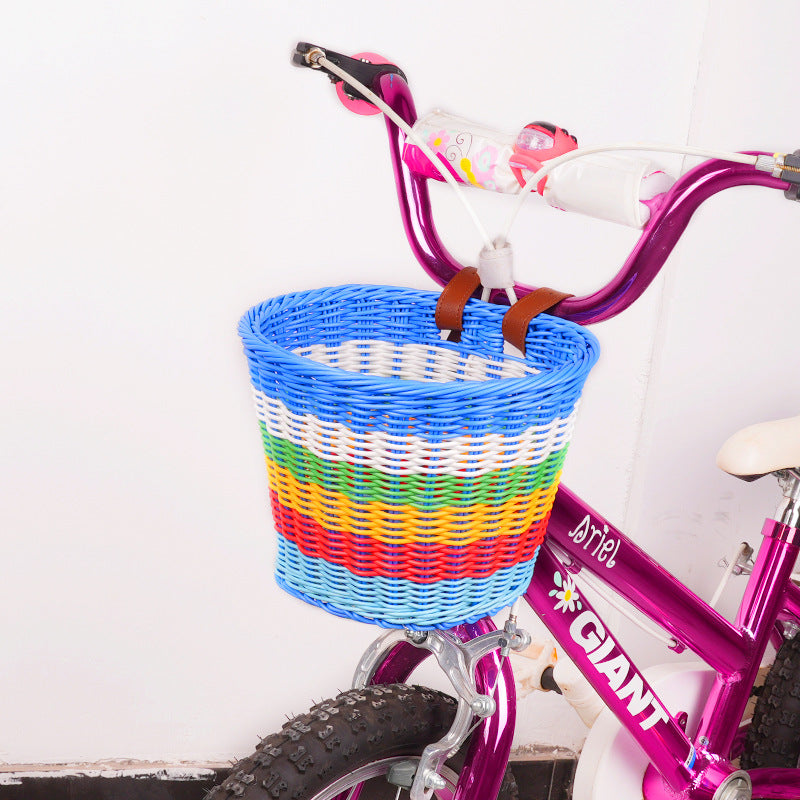 woven front bicycle basket with adjustable leather handlebar straps Stornfield