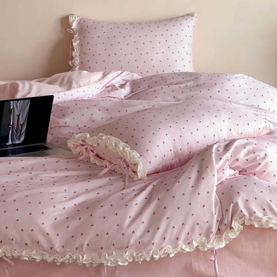 Ruffled Cotton Blend Duvet Cover Set with Tied Corners