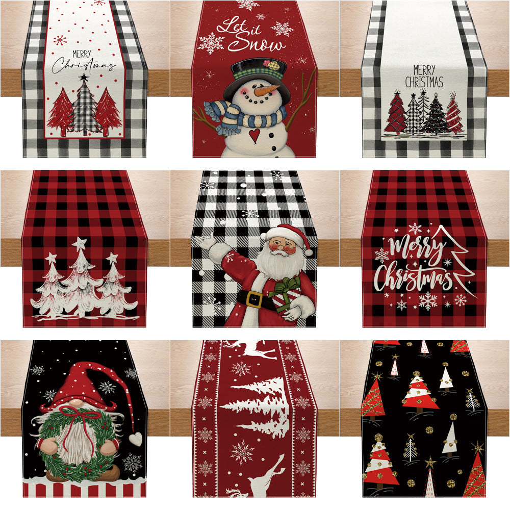 Buffalo-Edge Cotton-Linen Christmas Table Runner with Merry Christmas Tree Art