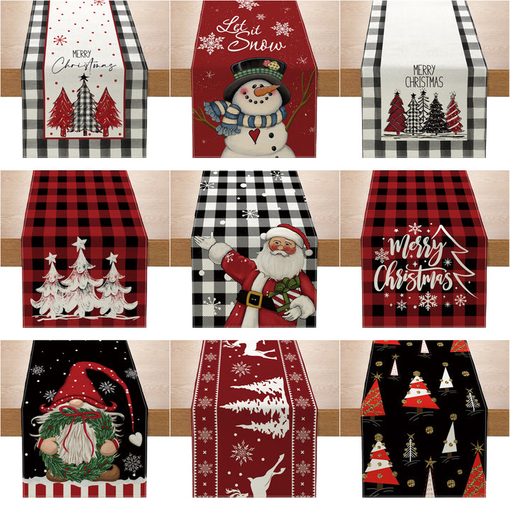 Buffalo-Edge Cotton-Linen Christmas Table Runner with Merry Christmas Tree Art