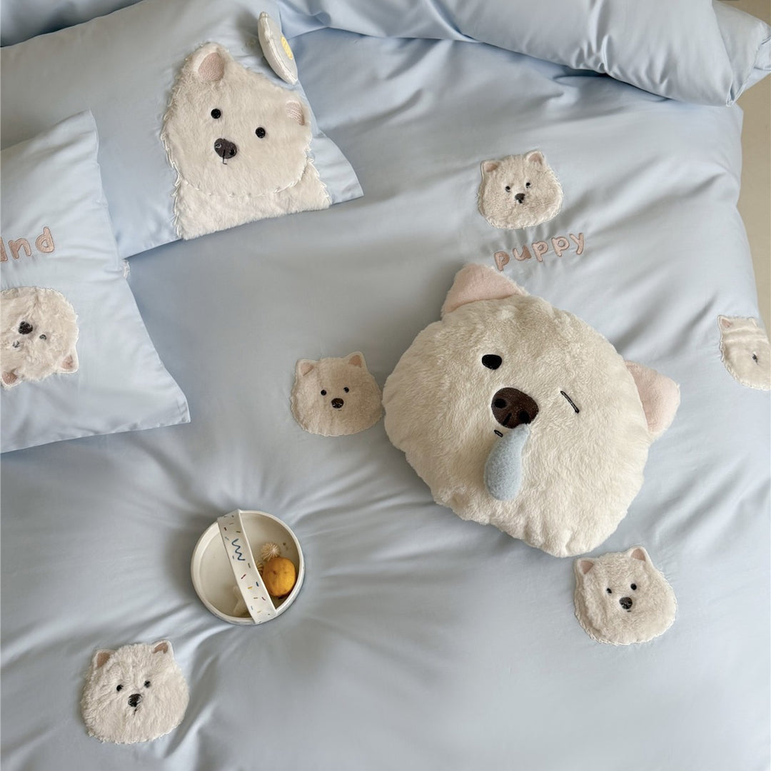 Plush Appliqué Puppy Duvet Cover Set with Cotton Sateen & Pillow Shams
