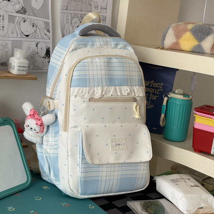 Plaid Patterned School Backpack with Cute Bunny Keychain Stornfield