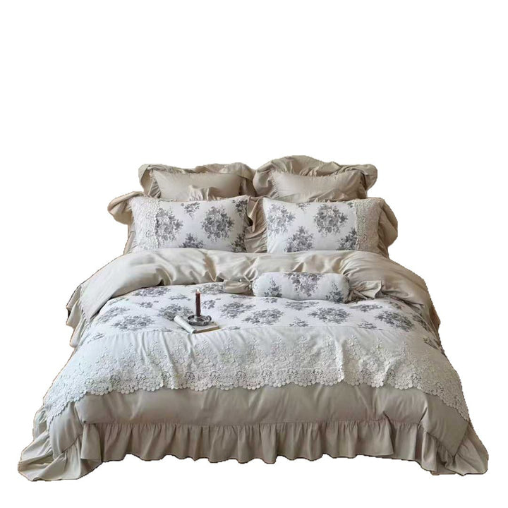Ruffled Lace-Trim Cotton Sateen Duvet Cover Set with Floral Jacquard Shams & Decorative Bolster