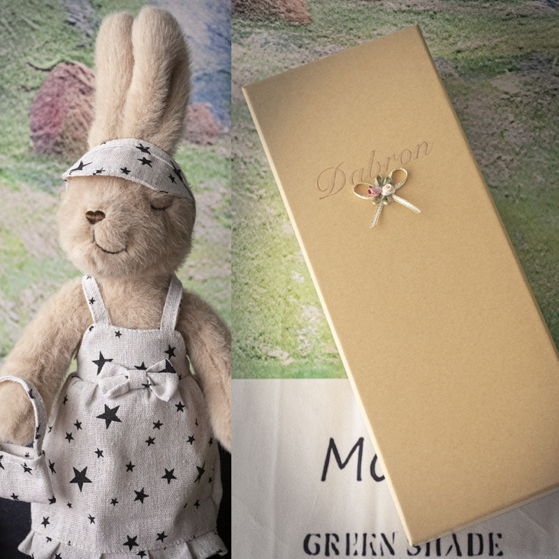 Handcrafted Plush Rabbit Toy with Star-Print Linen Overalls and Visor