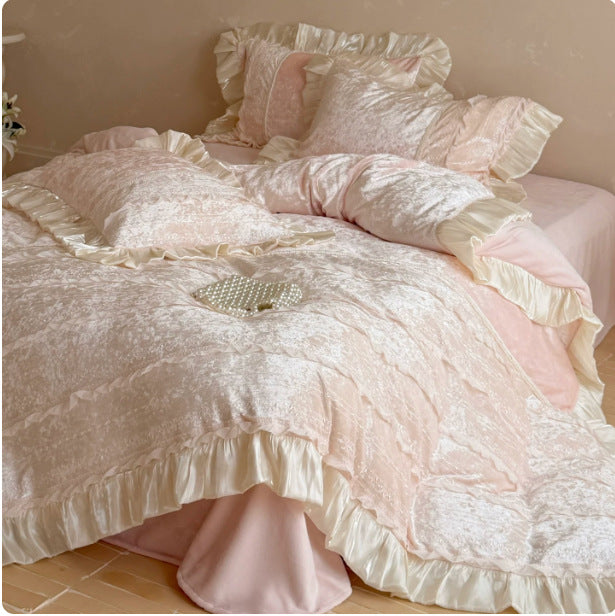 Ruffled Velvet Jacquard Duvet Cover and Pillow Sham Set with Satin Trim