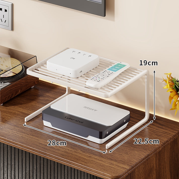 Two-Tier Ventilated Metal Electronics Organizer Shelf for Routers, Set-Top Boxes and Remotes