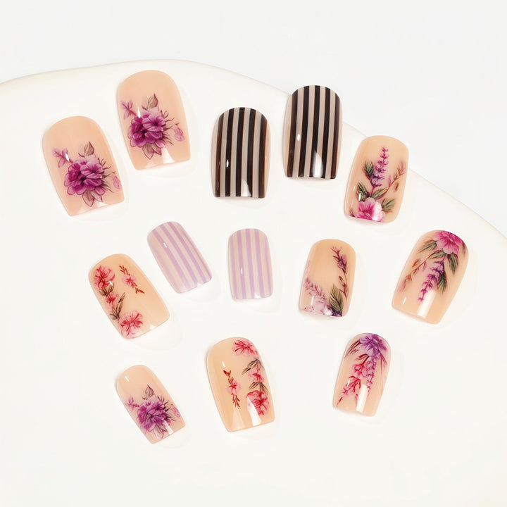 Artificial nails with floral and striped designs Stornfield