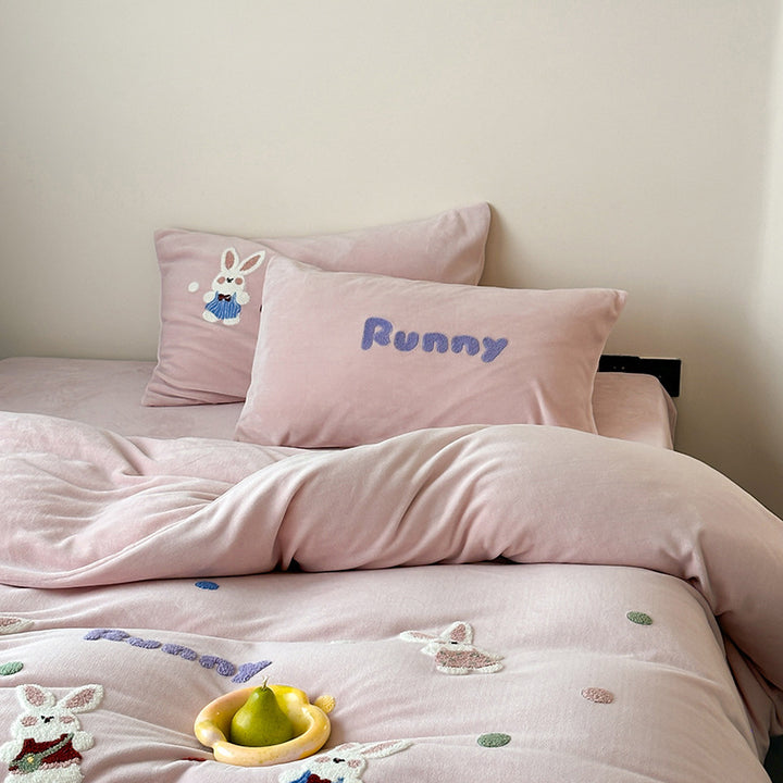Embroidered Cotton Duvet Cover Set with Whimsical Bunny Appliqué and Reversible Pastel Lining