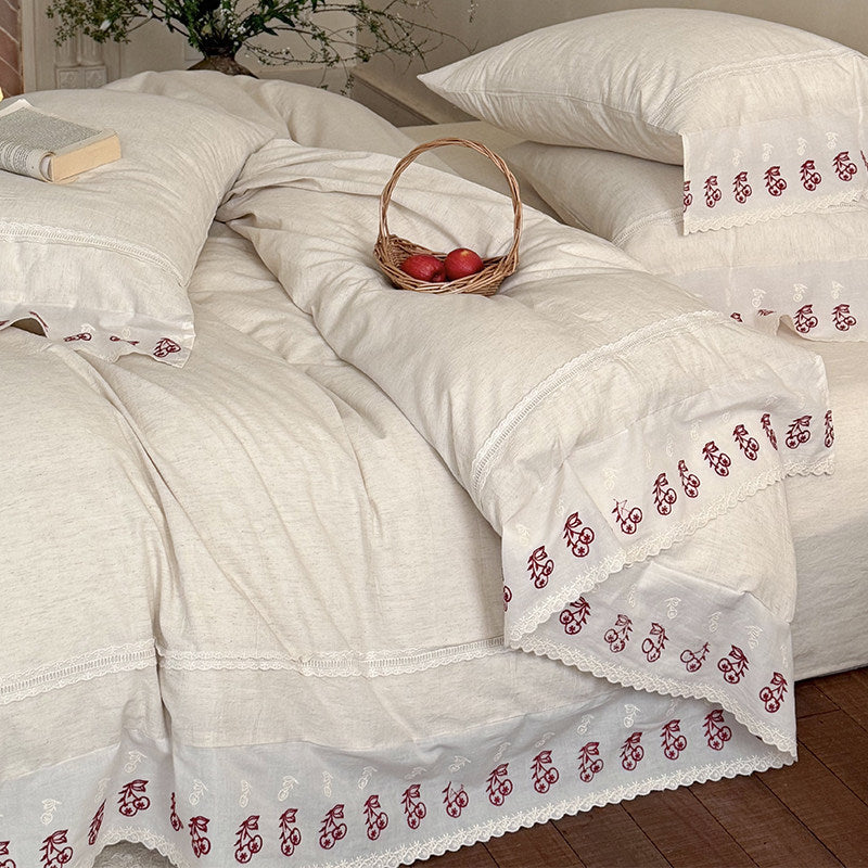 Artisan Embroidered Cherry-Motif Cotton-Linen Duvet Cover Set with Scalloped Lace Hem