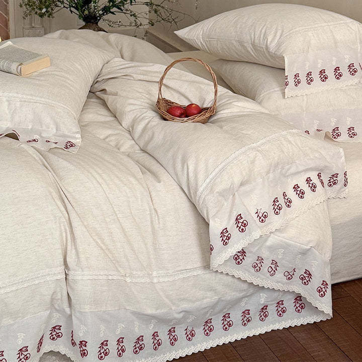 Artisan Embroidered Cherry-Motif Cotton-Linen Duvet Cover Set with Scalloped Lace Hem