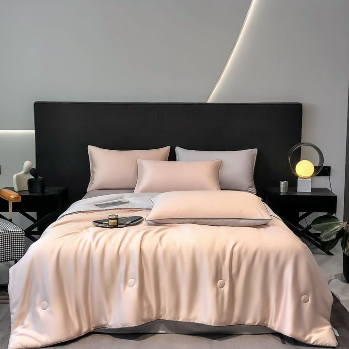 Silk cotton satin bedding cover with quilted comfort edge and pillowcases