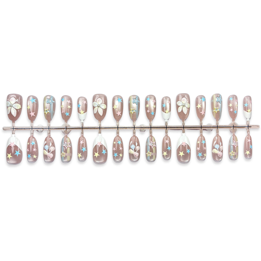 Artistic Press-On Nail Set with Star and Flower Designs