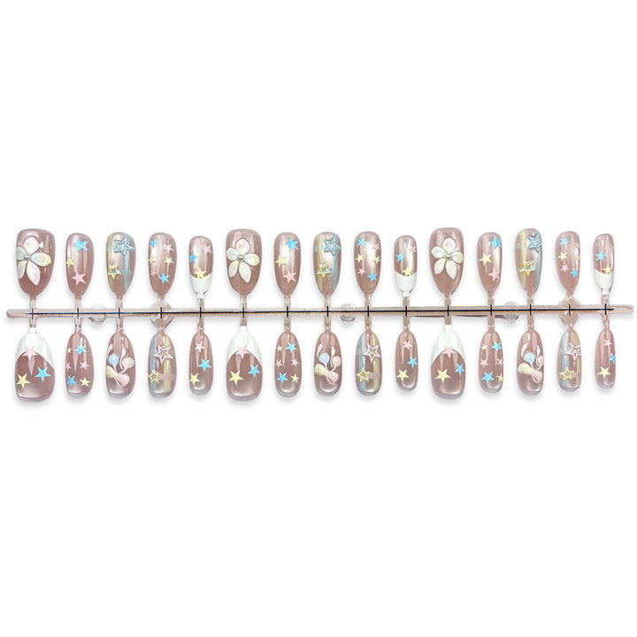 Artistic Press-On Nail Set with Star and Flower Designs