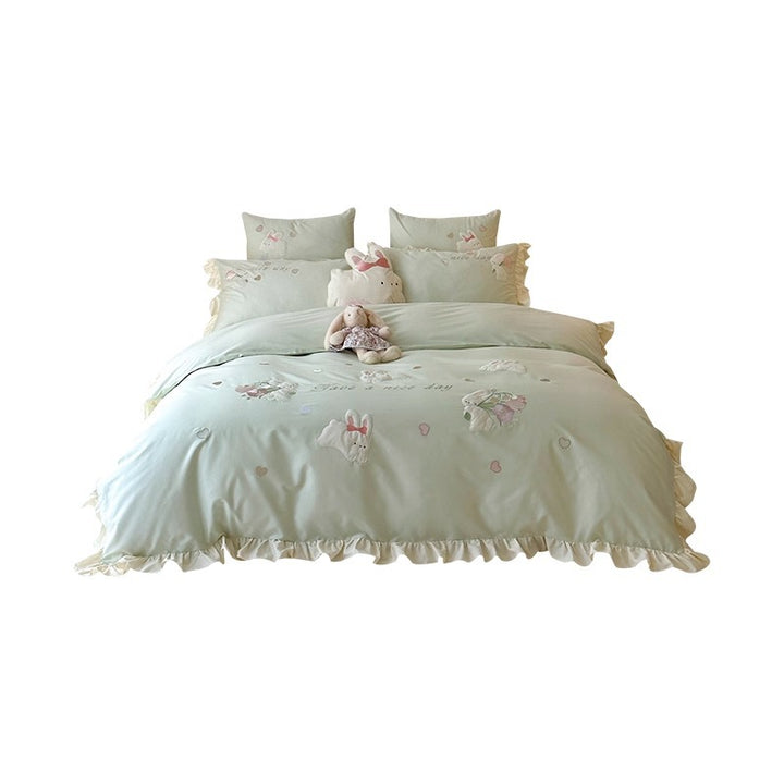 Ruffled Cotton-Linen Duvet Cover Set with Embroidered Bunny Appliqué and Decorative Shams