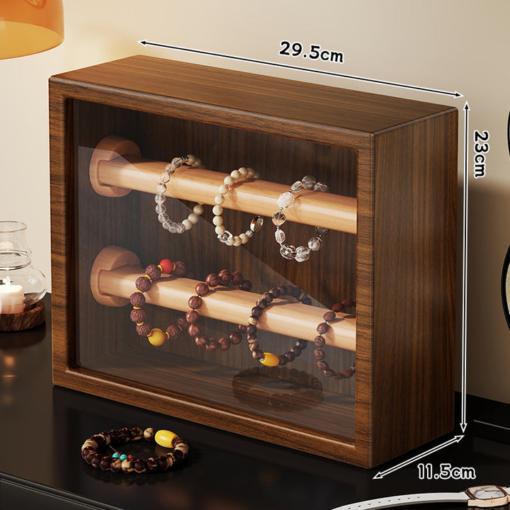 Wooden Bracelet Display Case with Dual Horizontal Rods and Clear Front