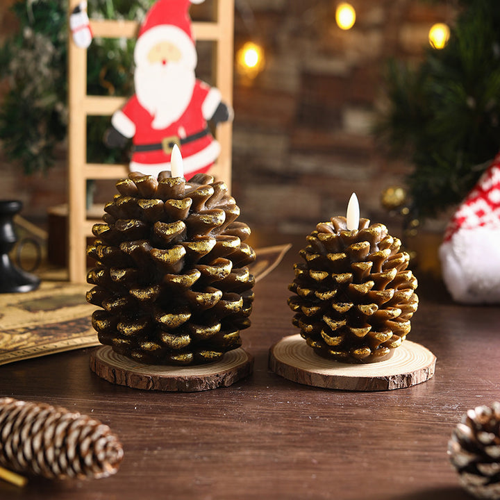 Decorative Pinecone Flameless LED Candle Set with Glittered Accents and Natural Wood Slice Bases