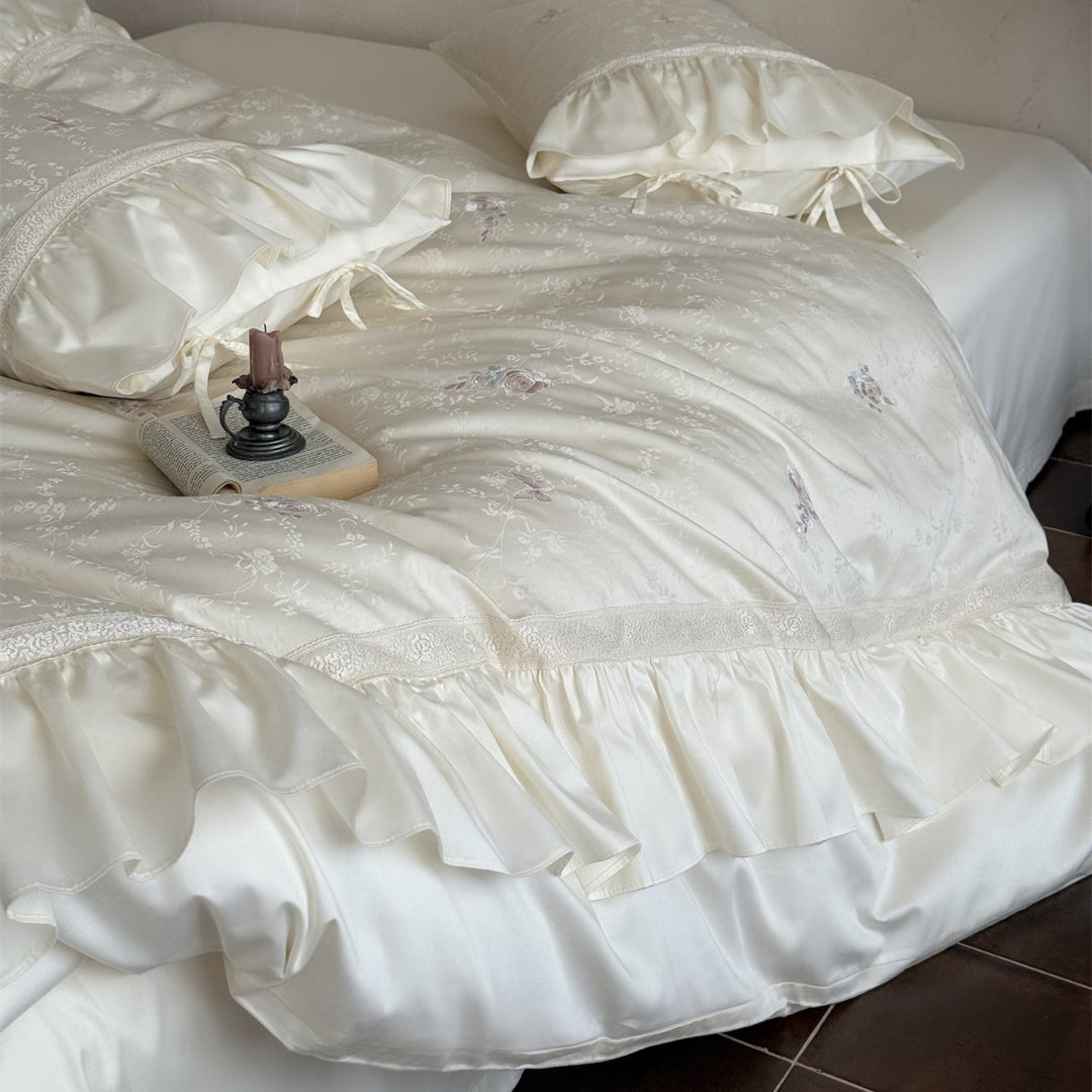 Ruffled Skirted Floral Jacquard Duvet Cover Set with Lace-Trim Tie Shams