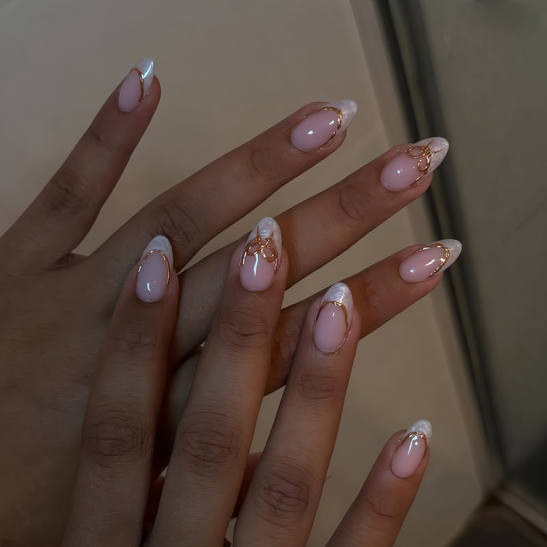 Elegant French Tip Press-On Nail Art Set with Gold Accents Stornfield