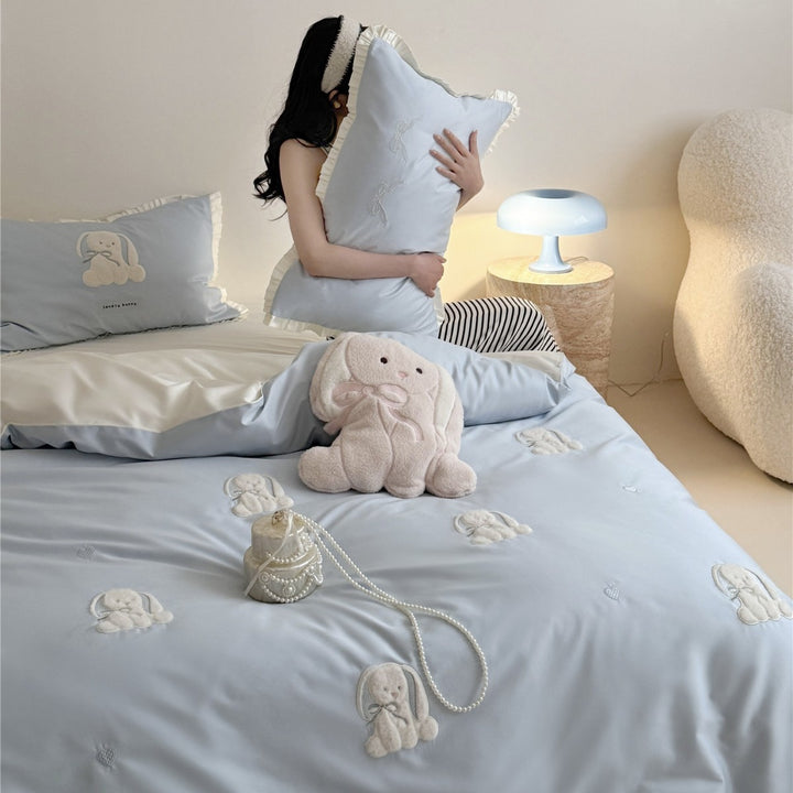 Plush Bunny Embroidered Ruffled Cotton Sateen Duvet Cover Set