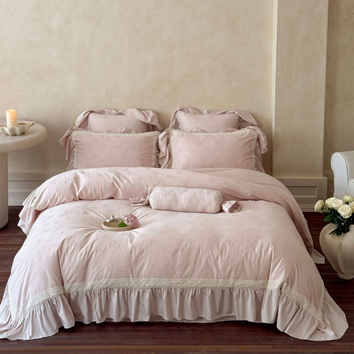 Linen-Blend Jacquard Floral Duvet Cover Set with Ruffled Hem and Decorative Bolster