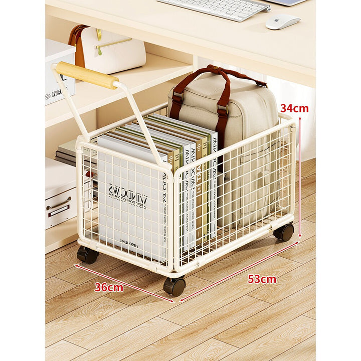 Under-Desk Rolling Wire Storage Cart with Wooden Handle