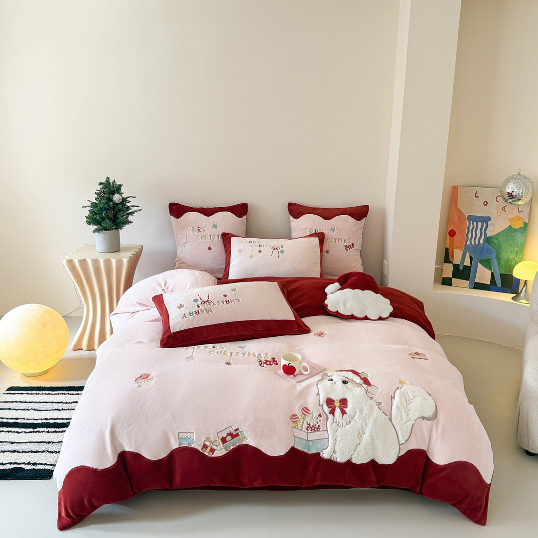Embroidered Festive Plush Duvet Cover Bedding Set with Scalloped Hem & Decorative Pillow Shams