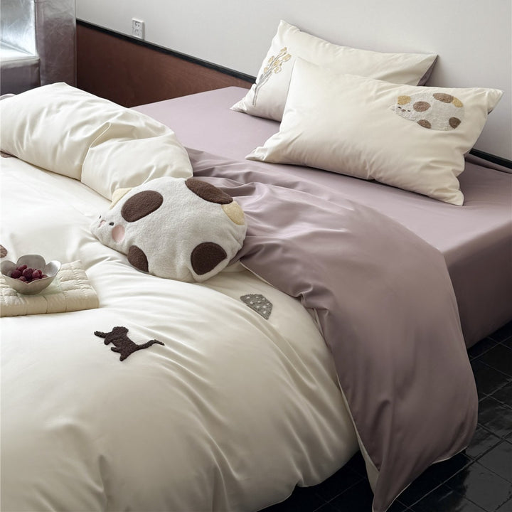 Reversible Satin-Cotton Duvet Cover Set with Embroidered Cat Appliqué and Deep-Pocket Fitted Sheet
