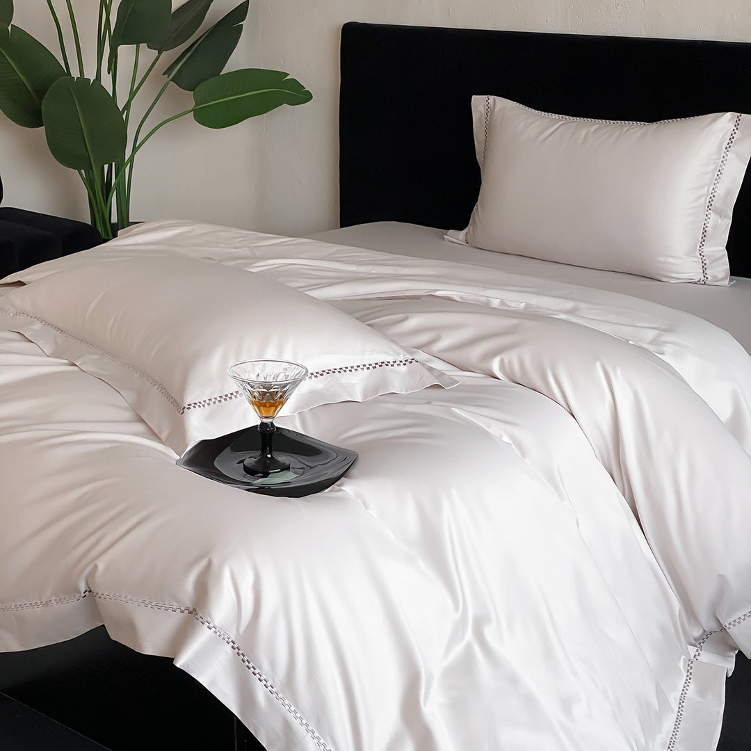 Premium Satin Bedding Set with fine hemstitch embroidery and silky smooth finish