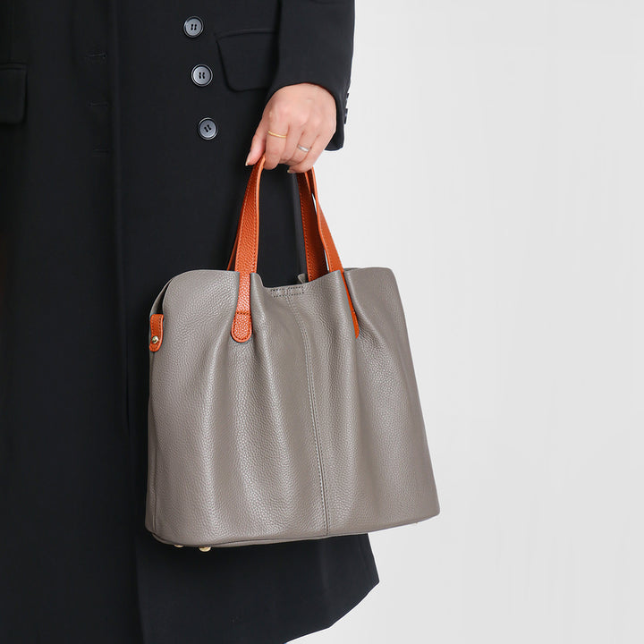 Pebbled Leather Work Tote with Contrast Top-Handles