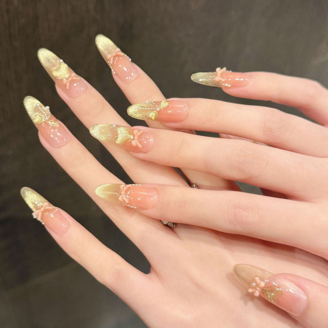 Decorative Press-On Nail Art Set with Glittery French Tips and Floral Accents