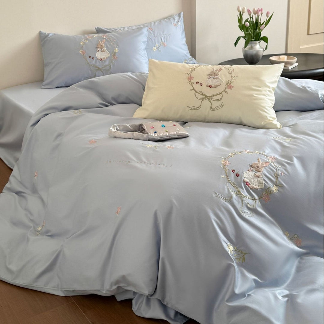 Children's Embroidered Bunny Cotton Sateen Bedding Ensemble with Ruffled Round Throw Pillow