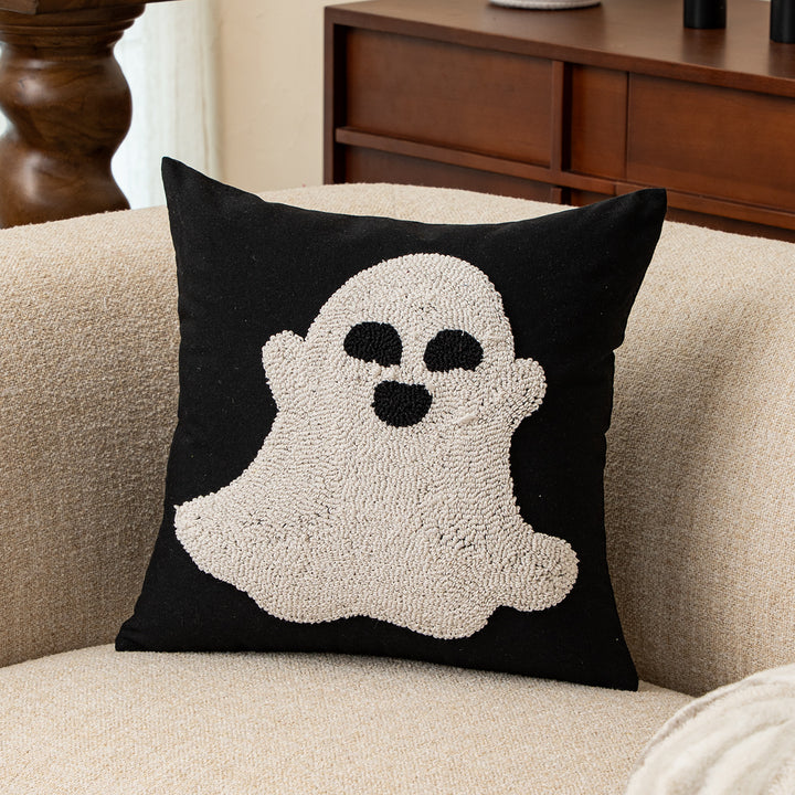 Embroidered decorative pillow cover with ghost tufting and hidden zipper