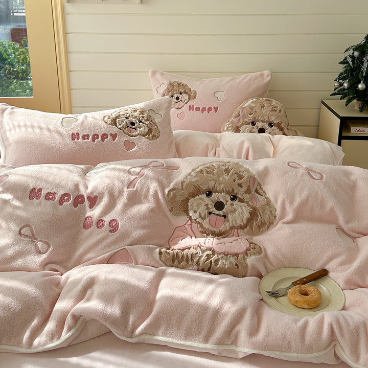 Cozy bedding set with plush surface and embroidered puppy design