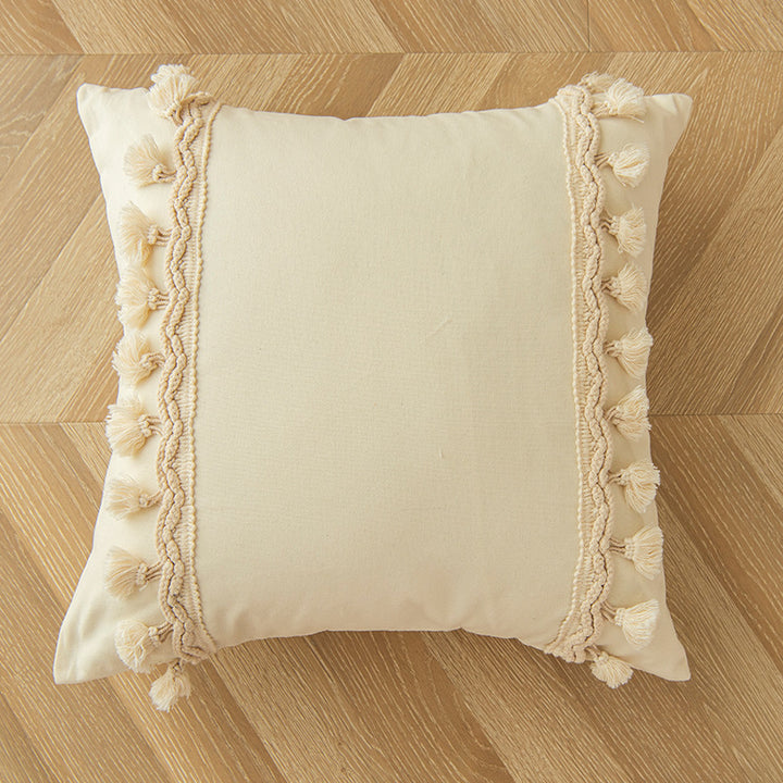 Decorative Tassel-Trim Square Throw Pillow with Pom-Pom Rows and Braided Cotton Accents