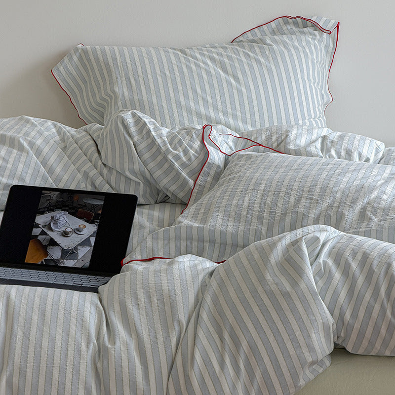 Striped Cotton-Linen Duvet Cover and Pillowcase Set with Brushed Soft Breathable Weave
