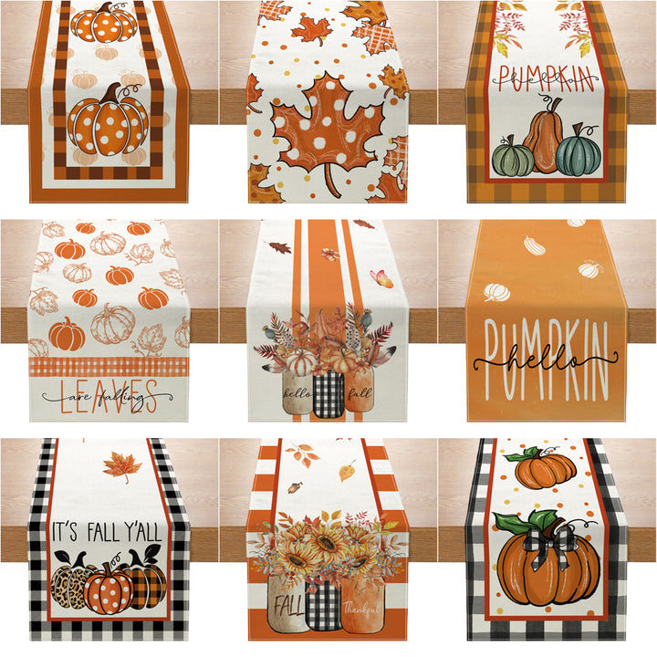 Autumn Cotton-Linen Decorative Table Runner with Pumpkin & Gingham Border