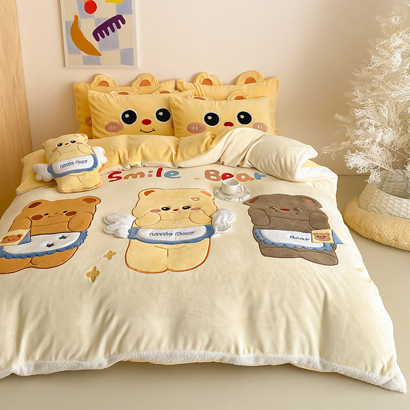 Cozy bedding set with embroidered cartoon cats and plush appliqués