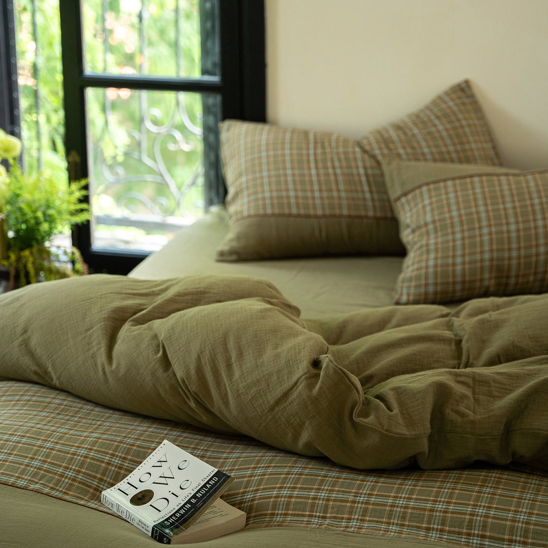 Cotton bedding set with check stripe and washed linen texture