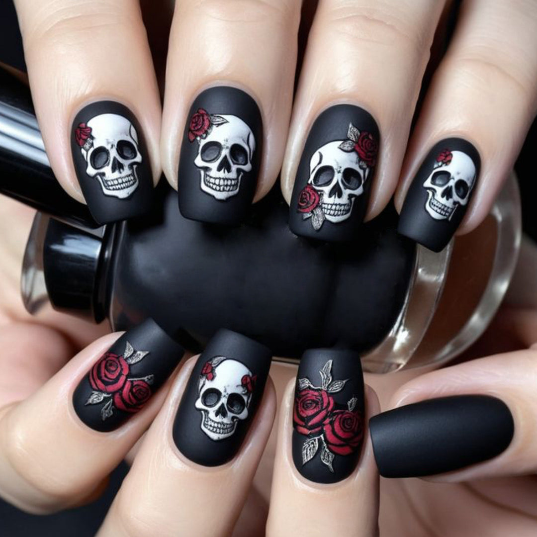 Skull and Rose Acrylic Nail Art Extensions Stornfield