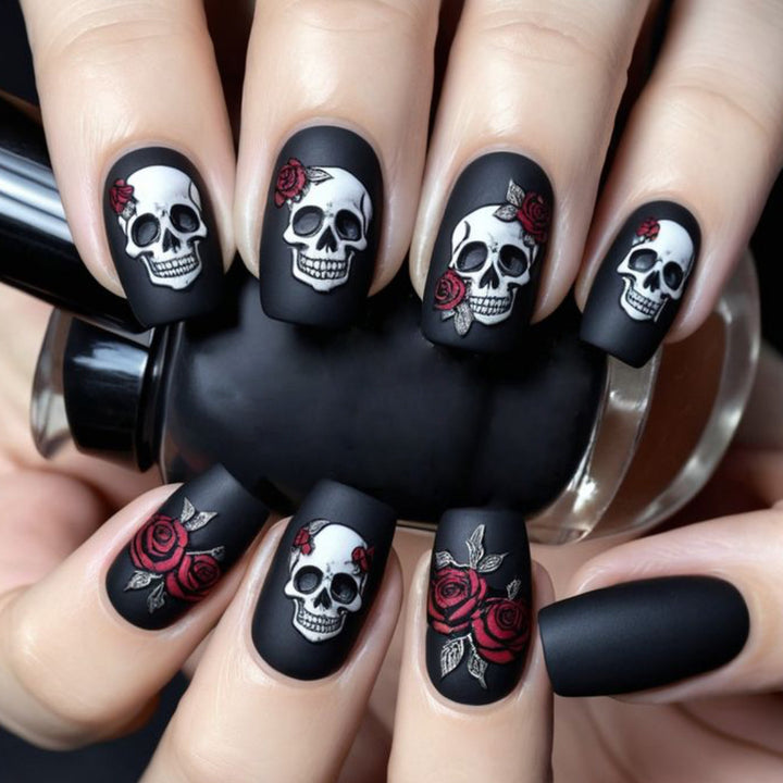 Skull and Rose Acrylic Nail Art Extensions Stornfield