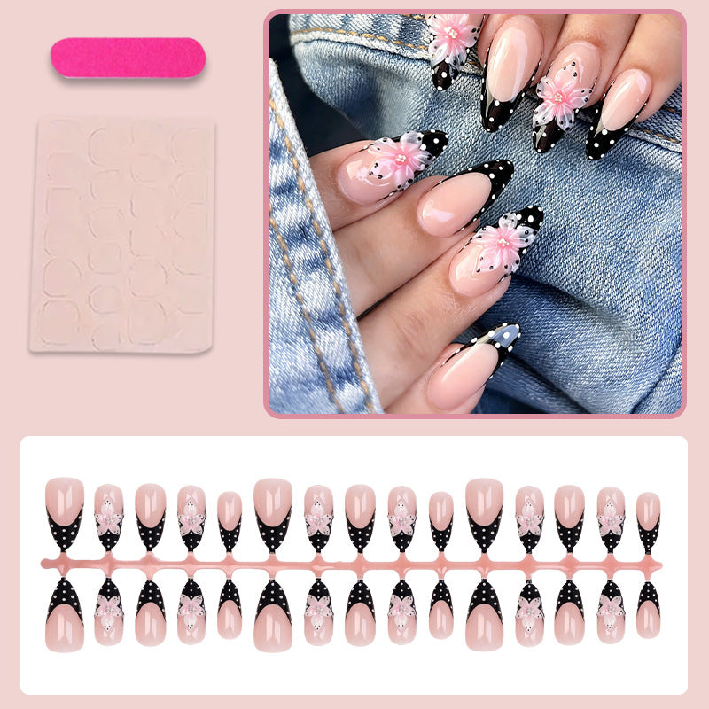 Artificial nail set with elegant 3D flowers and stylish dots Stornfield