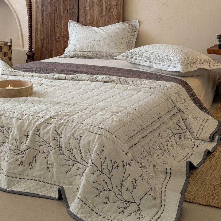 Quilted Cotton Reversible Bedspread with Botanical Embroidery and Matching Pillow Shams