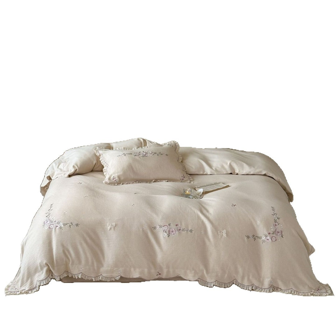 Embroidered Linen-Blend Duvet Cover Set with Scalloped Ruffle Shams
