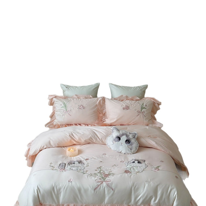 Luxury Embroidered Ruffled Cotton Sateen Duvet Cover Set with Cute Cat Motif