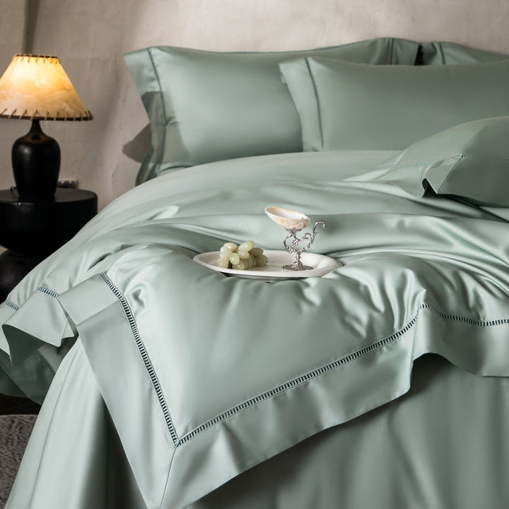 Luxury Silky Sateen Duvet Cover Set with Ladder-Stitch Hem and Decorative Ruffle