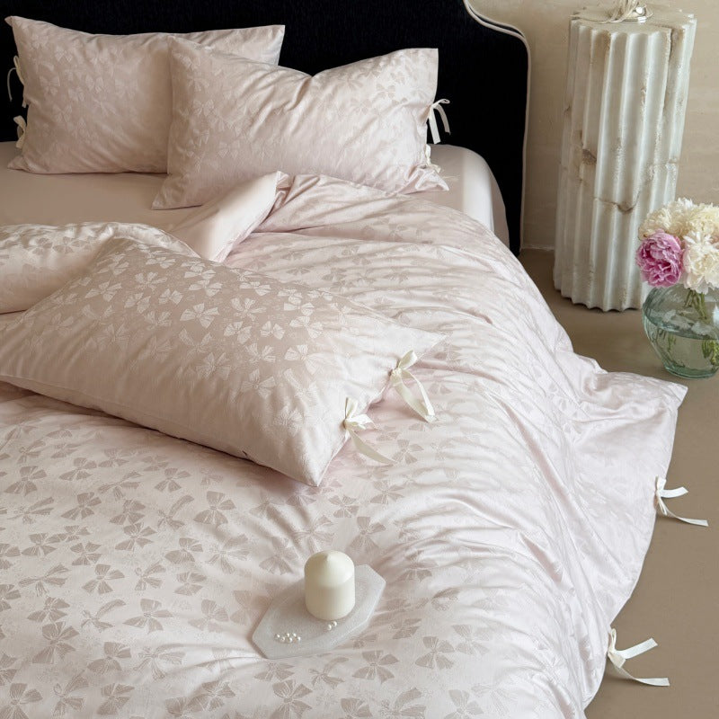 Jacquard Floral Tie-Closure Duvet Cover Set with Satin Fitted Sheet and Ribbon Ties